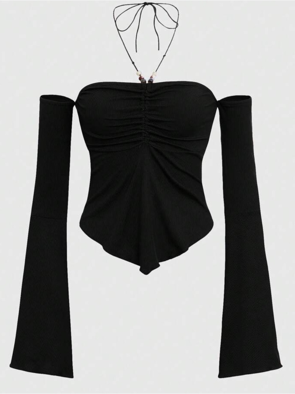 Off-Shoulder Ruched Point Hem Top in Black